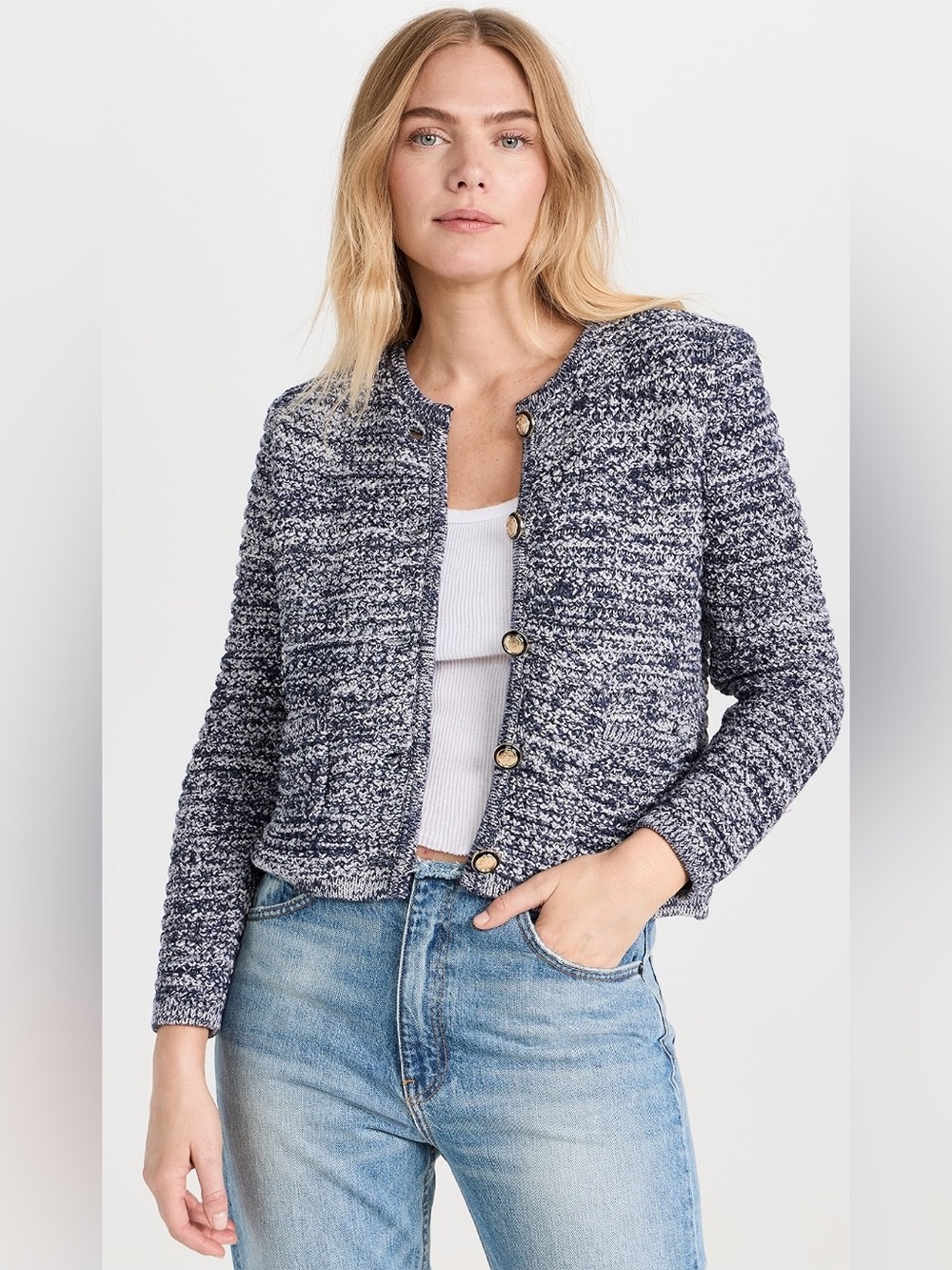 BA&SH Guspa Cropped Chunky Knit Tweed Navy Blue French Cardigan Sweater EUC 2/M
